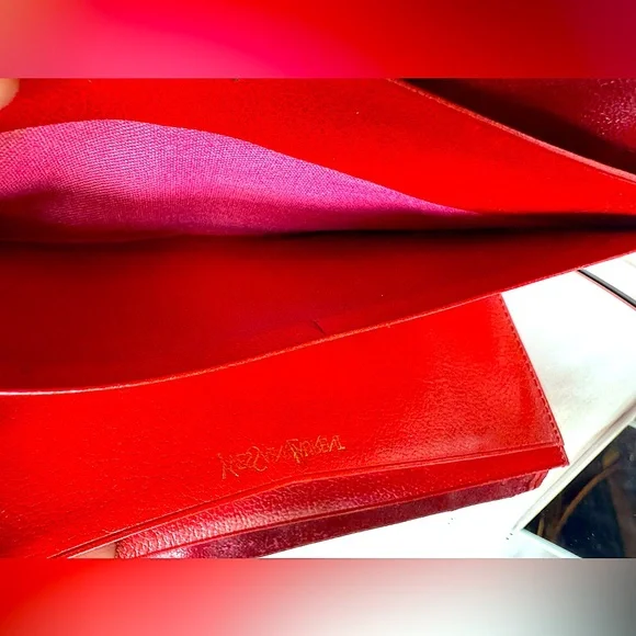 YSL Red Leather Wallet Monogram,Rare 80s Classic Yves Saint Laurent Vintage - Picture 5 of 14